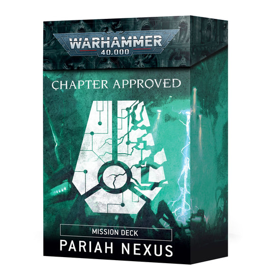 Pariah Nexus mission cards and accessories for Warhammer 40,000, including deployment, mission rules, and objective markers.