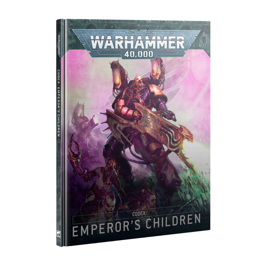 Warhammer 40k Emperor’s Children Codex cover featuring Noise Marines and ornate Slaanesh-themed artwork with faction rules and lore.