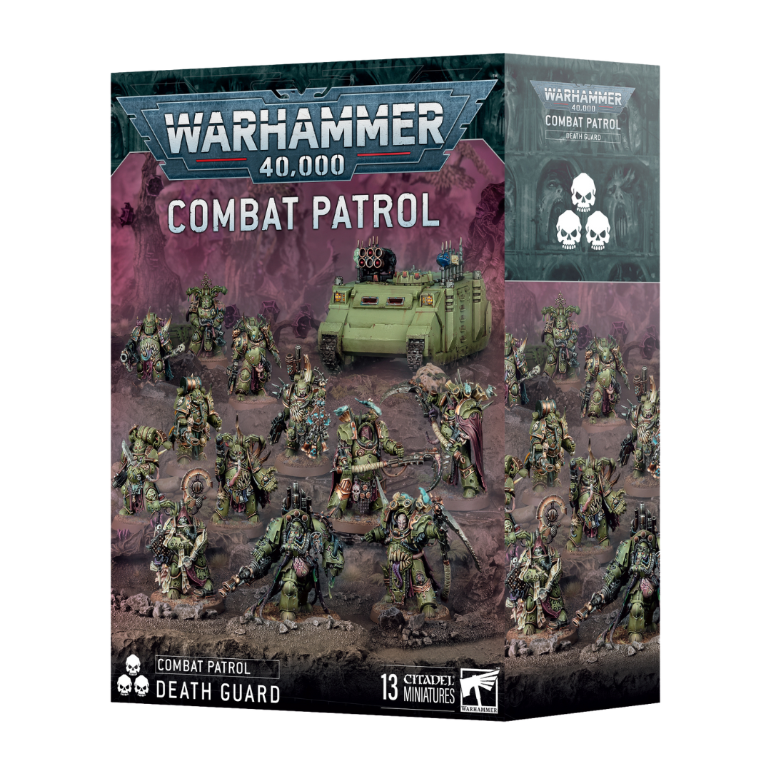 Warhammer 40k Combat Patrol Death Guard army box featuring Plague Marines, Poxwalkers, Nurgle HQ unit, and Chaos miniatures for resilient tabletop gameplay.