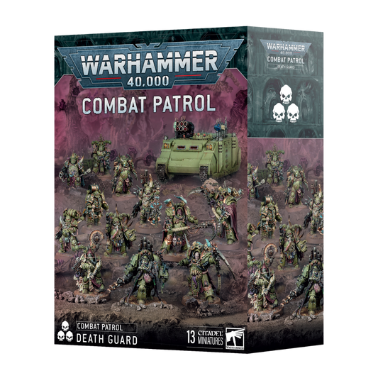 Warhammer 40k Combat Patrol Death Guard army box featuring Plague Marines, Poxwalkers, Nurgle HQ unit, and Chaos miniatures for resilient tabletop gameplay.