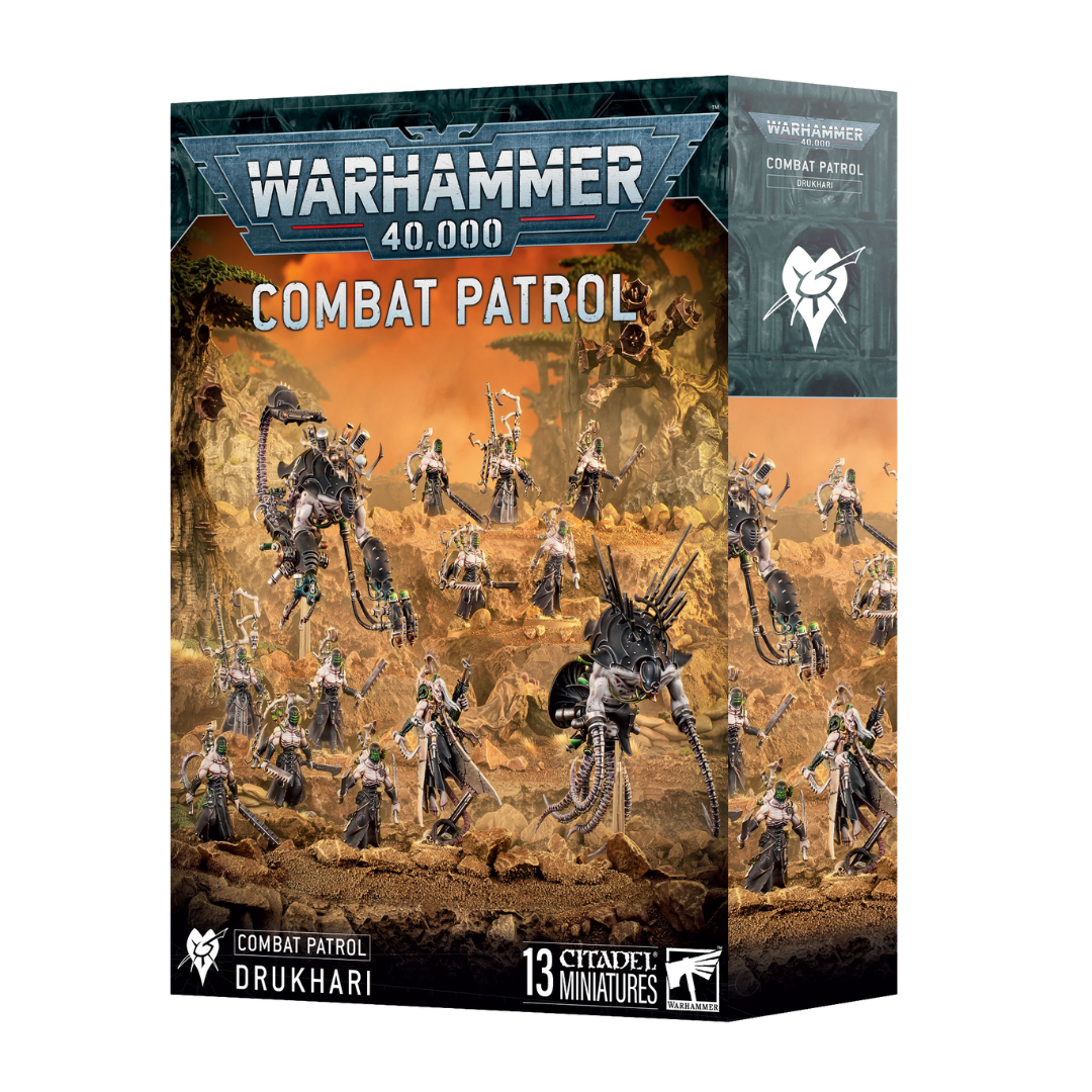 Warhammer 40k Drukhari Combat Patrol box with Talos, Cronos, Haemonculus, and Wracks miniatures