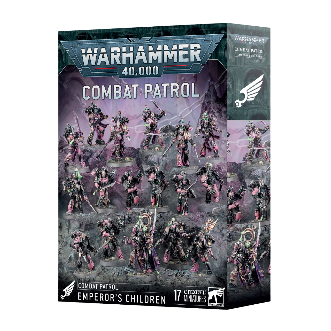 Warhammer 40k Combat Patrol Emperor’s Children box set featuring Slaanesh-themed Chaos Space Marines miniatures, elite infantry, and detailed plastic models for tabletop battles.