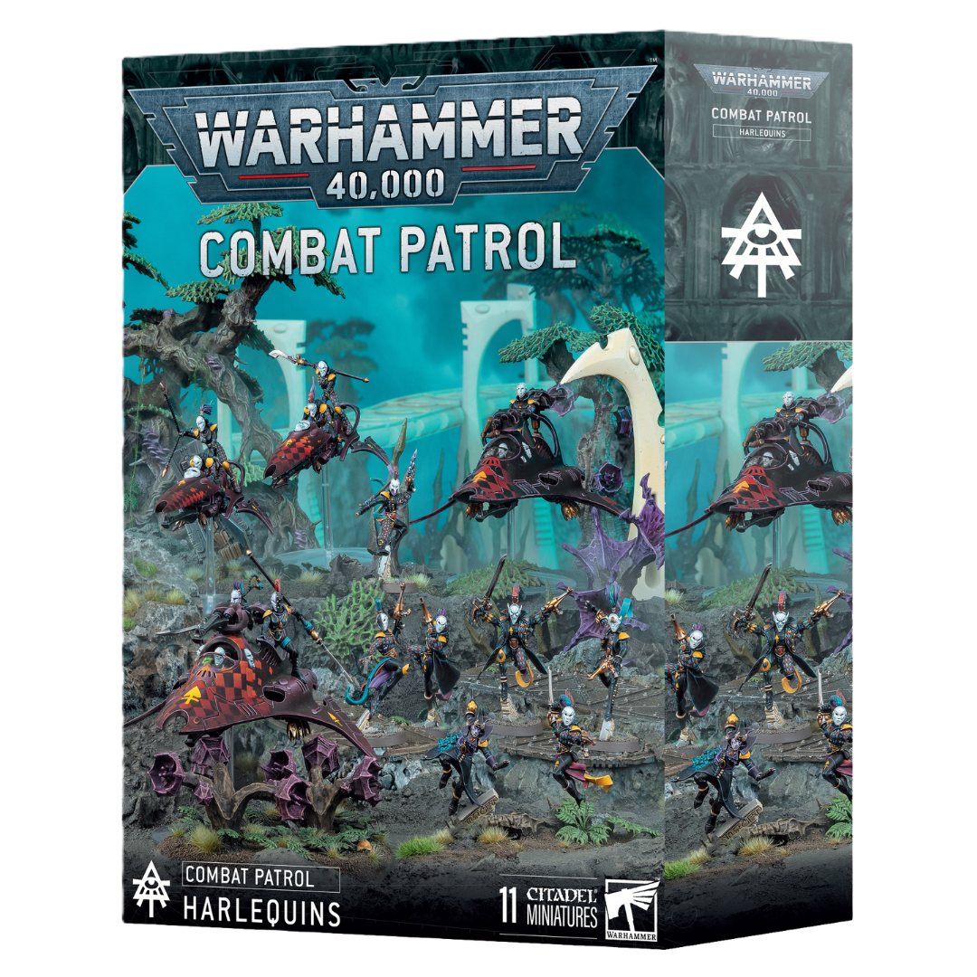 Warhammer 40k Combat Patrol Harlequins box art with Solitaire, Starweaver, and Skyweavers