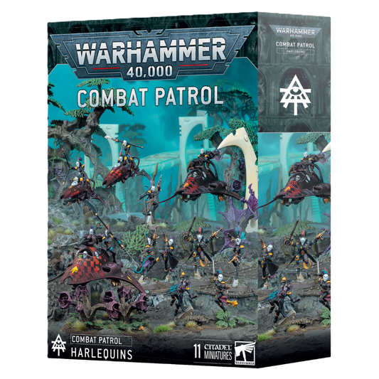 Warhammer 40k Combat Patrol Harlequins box art with Solitaire, Starweaver, and Skyweavers