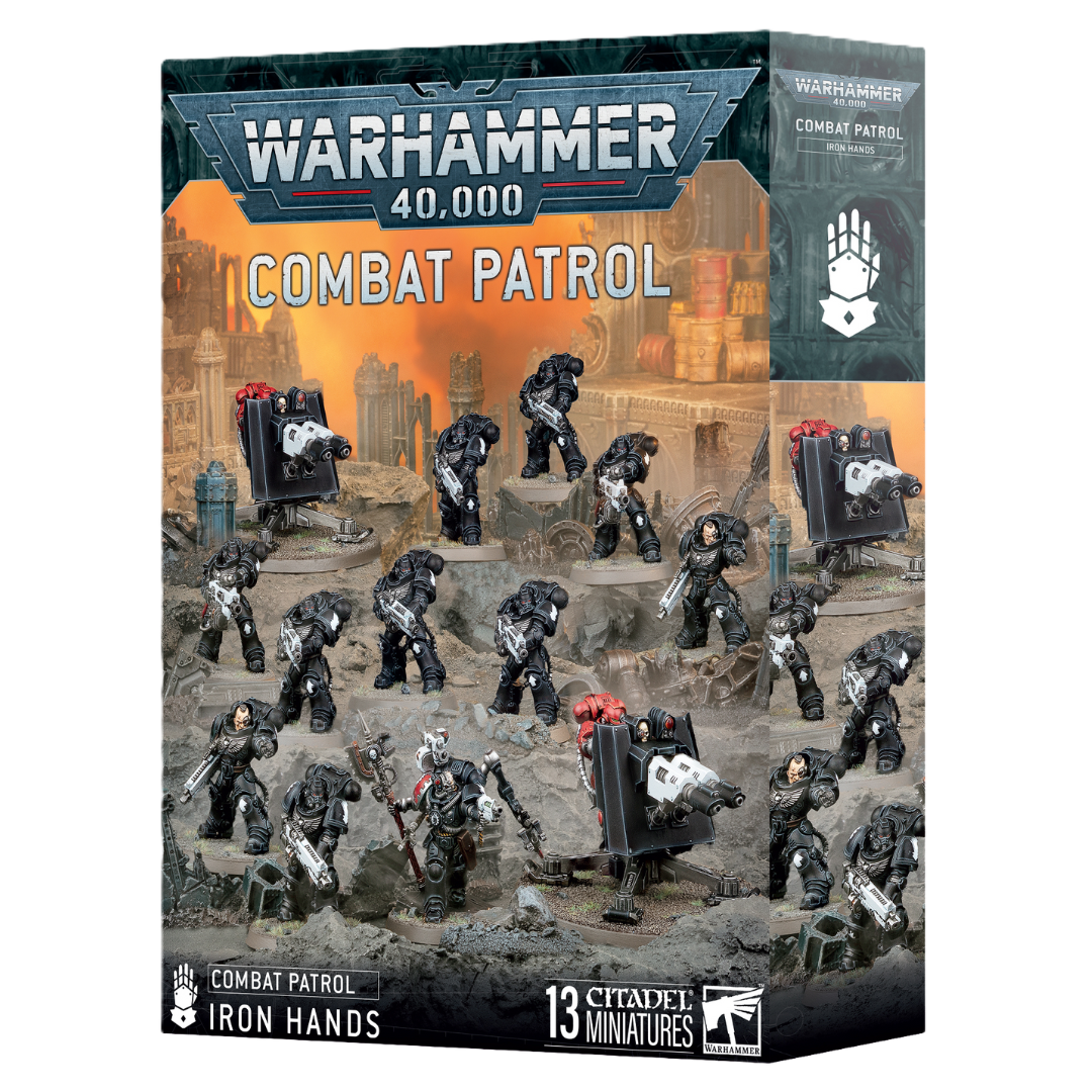 Warhammer 40k Combat Patrol Iron Hands box art with Heavy Intercessors and Techmarine