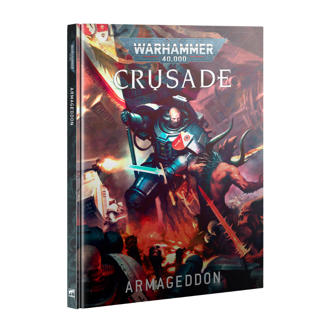 Warhammer 40K Crusade: Armageddon campaign book, narrative expansion with custom rules, relics, and missions for story-driven Warhammer battles.
