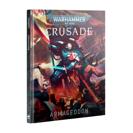 Warhammer 40K Crusade: Armageddon campaign book, narrative expansion with custom rules, relics, and missions for story-driven Warhammer battles.
