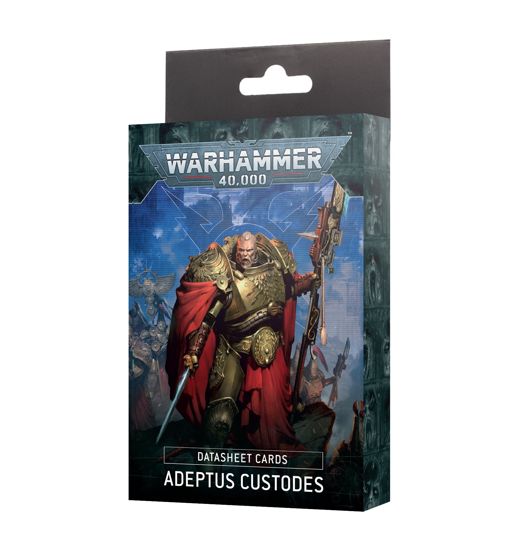Adeptus Custodes datasheet cards featuring golden foil edge, including army rule and Combat Patrol cards.
