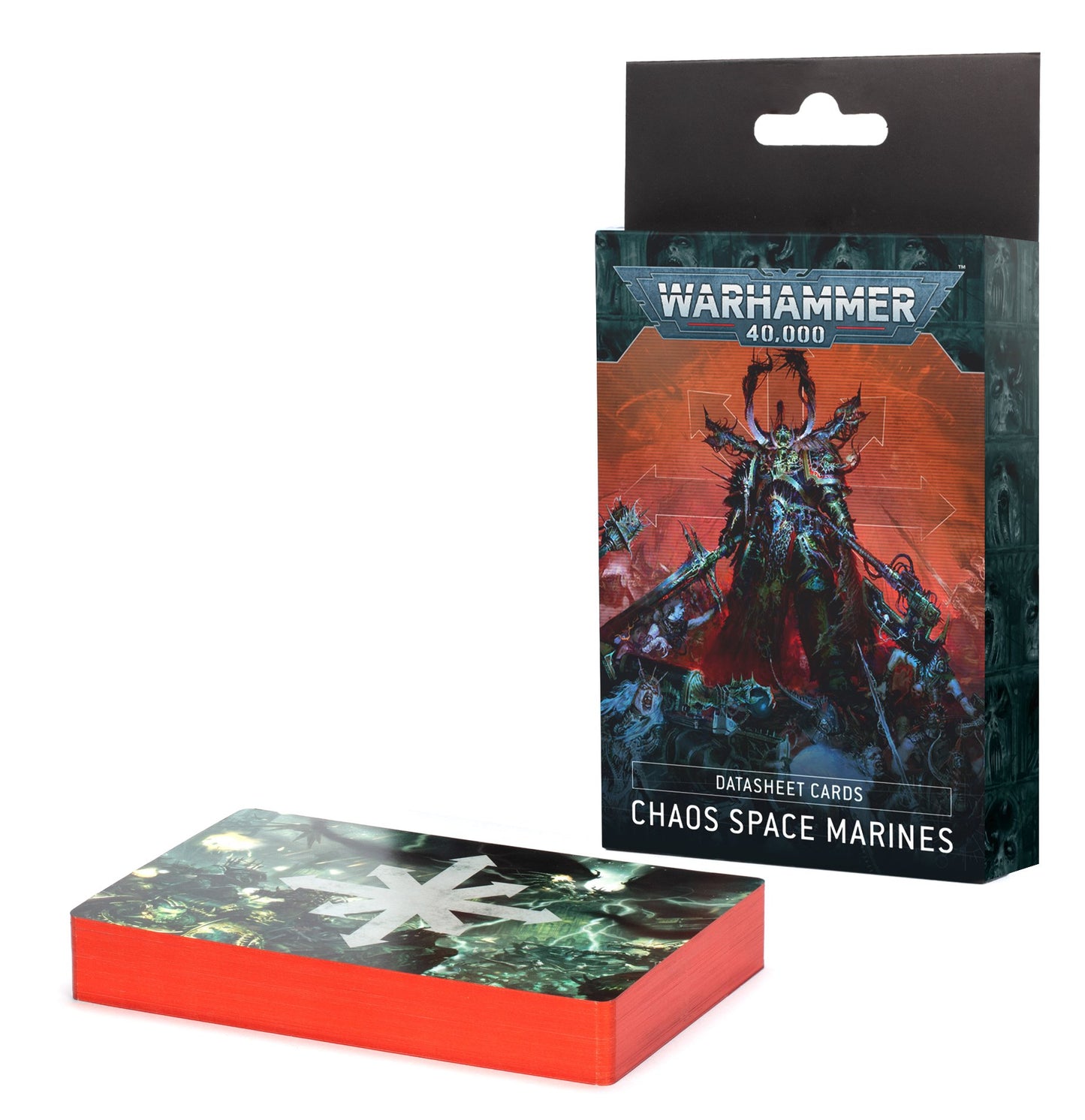 Chaos Space Marines 53-card set with datasheets, army rule reference, and Combat Patrol cards, metallic red edges, perfect for organizing your Chaos army.