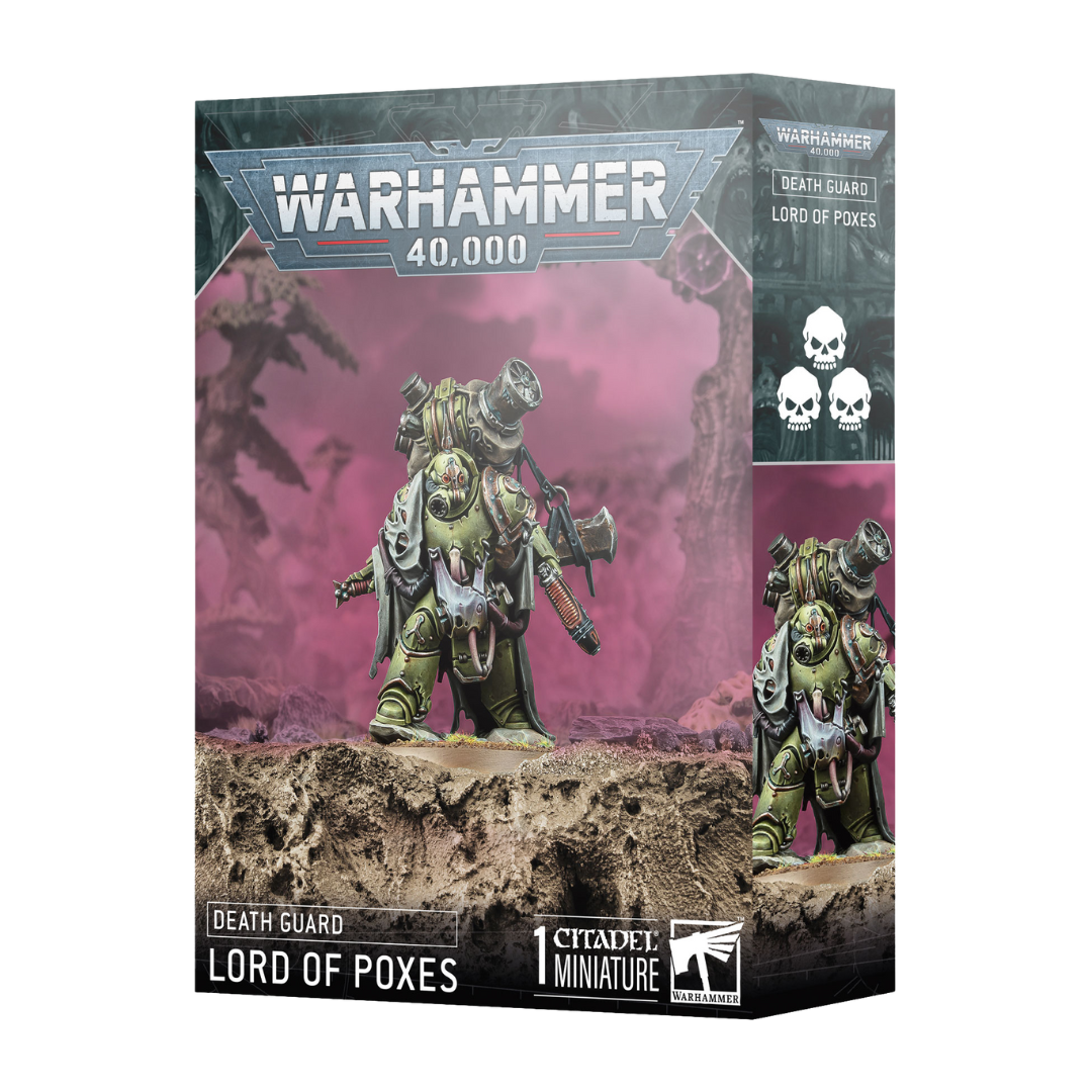 Lord of Poxes Death Guard miniature with plague‑gas backpack and power blade