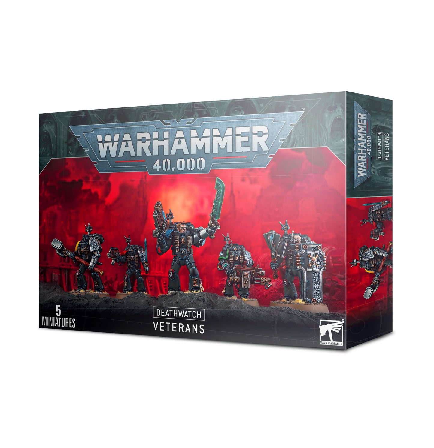 Deathwatch Veterans kit with a variety of weapons like Thunder Hammers, Power Swords, Frag Cannon, and Xenophase Blade, featuring 18 Chapter-specific shoulder pads.