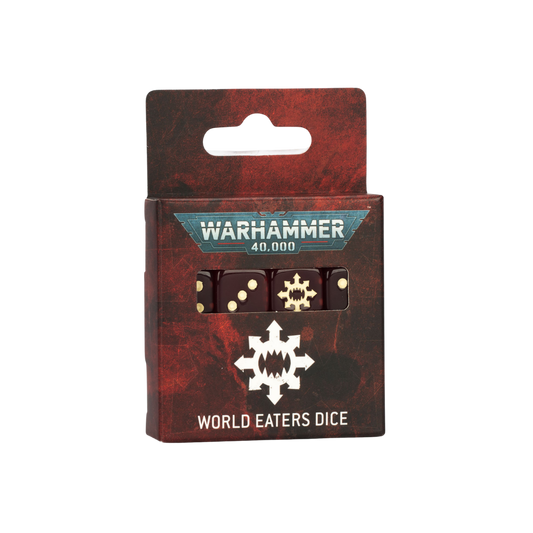 Warhammer 40K World Eaters Dice Set, crimson and bone-colored dice featuring the World Eaters icon, perfect for Khorne-aligned tabletop battles and collectors.