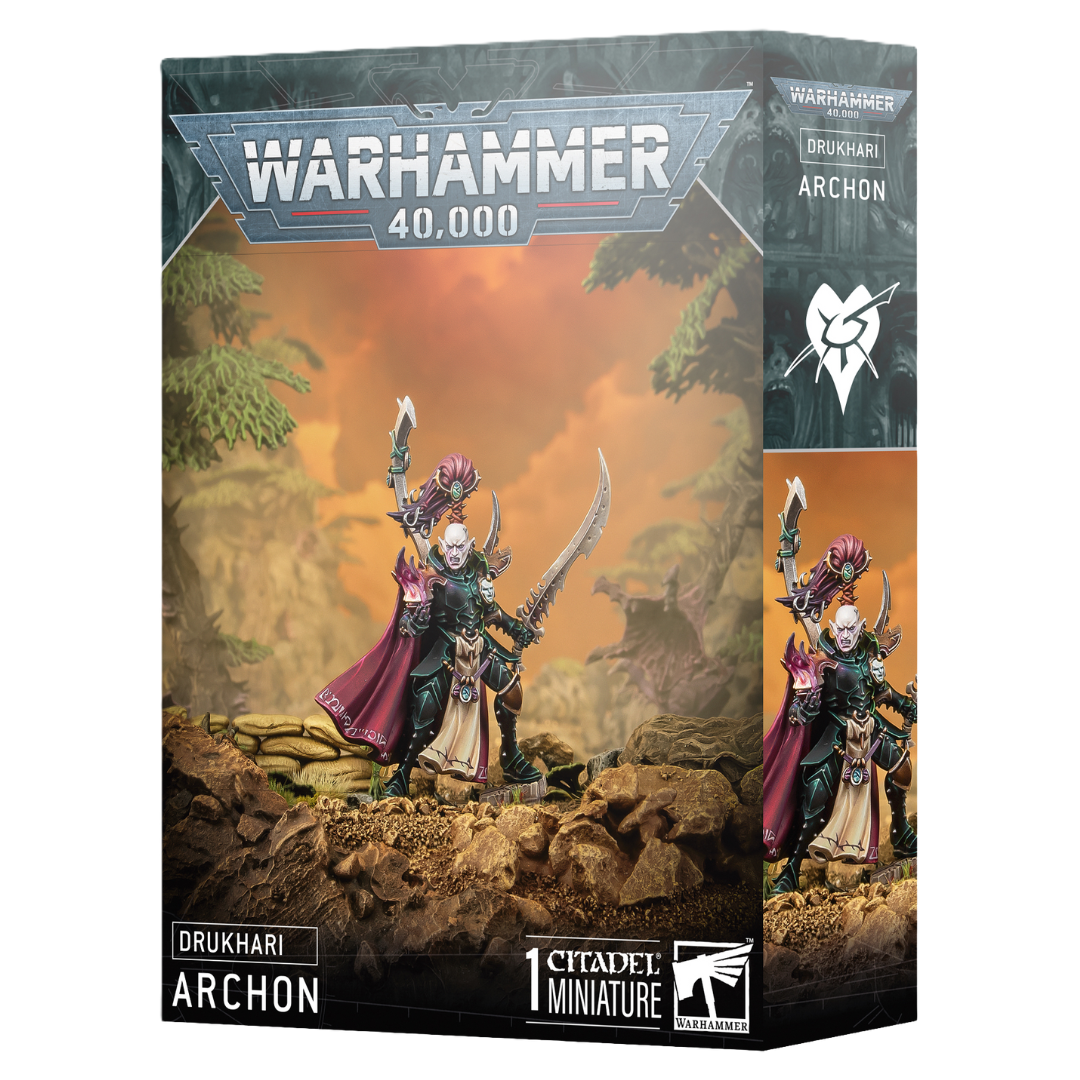 Warhammer 40k Drukhari Archon box with customizable Dark Eldar commander miniature