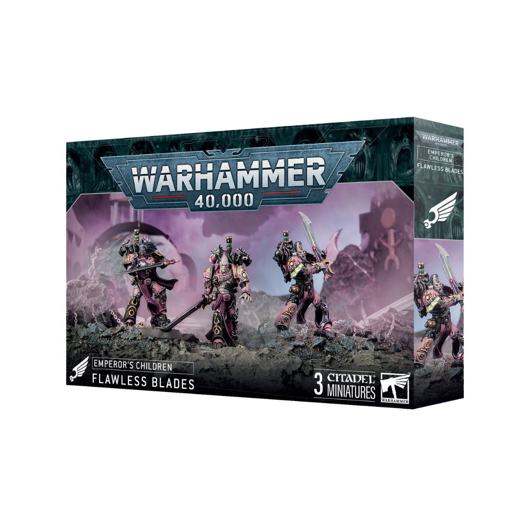 Warhammer 40k Emperor’s Children Flawless Blades elite infantry unit with ornate weapons and Slaanesh-themed armor for tabletop battles.
