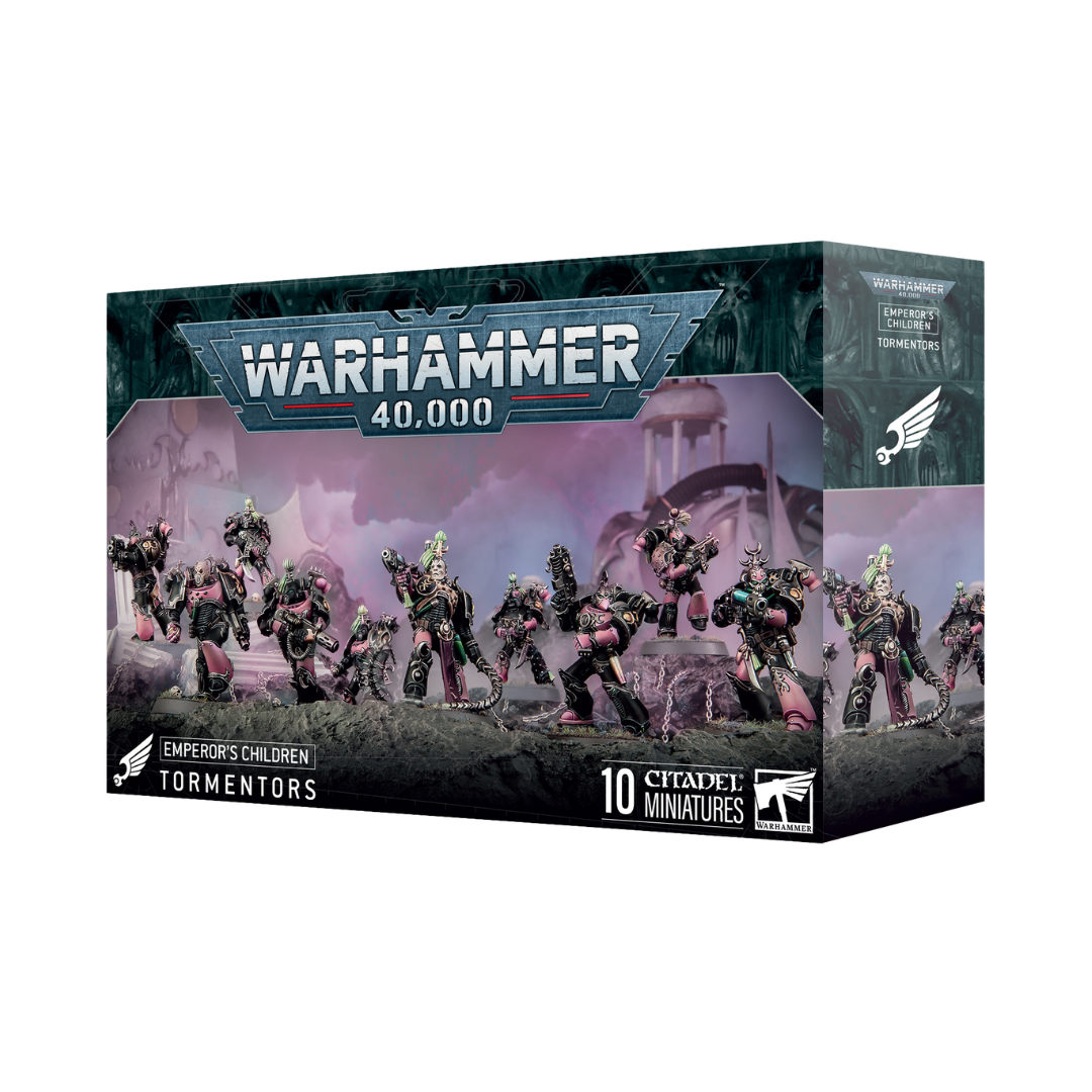 Warhammer 40k Emperor’s Children Tormentors miniatures with brutal melee weapons, ornate Slaanesh-themed armor, and dynamic combat poses.