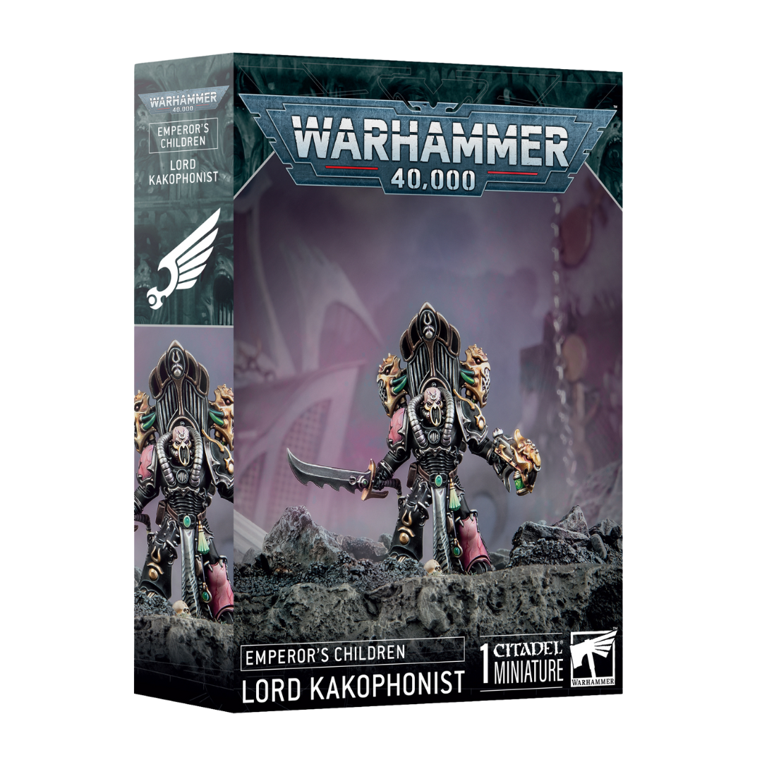 Warhammer 40k Emperor’s Children Lord Kakophonist miniature wielding sonic weaponry with ornate Slaanesh-themed armor and detailed sculpting.