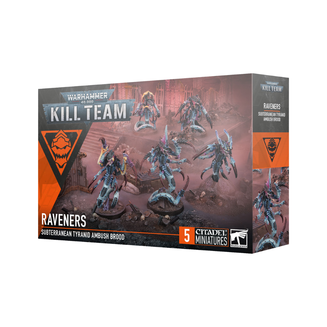 Kill Team Raveners Subterranean Tyranid Ambush Brood box art with five Ravener miniatures poised to emerge from ground