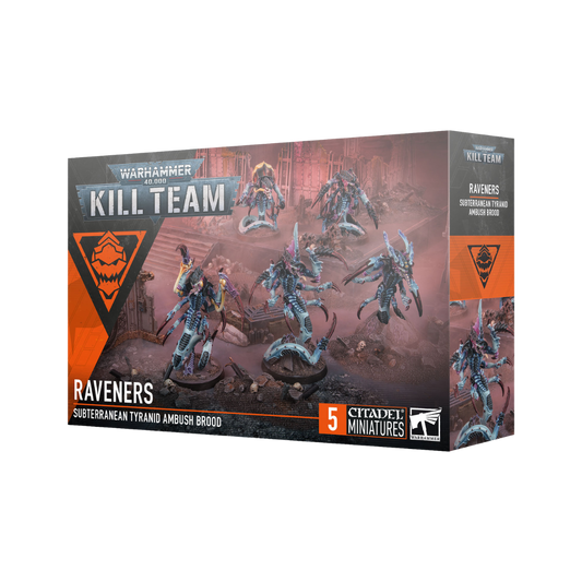 Kill Team Raveners Subterranean Tyranid Ambush Brood box art with five Ravener miniatures poised to emerge from ground