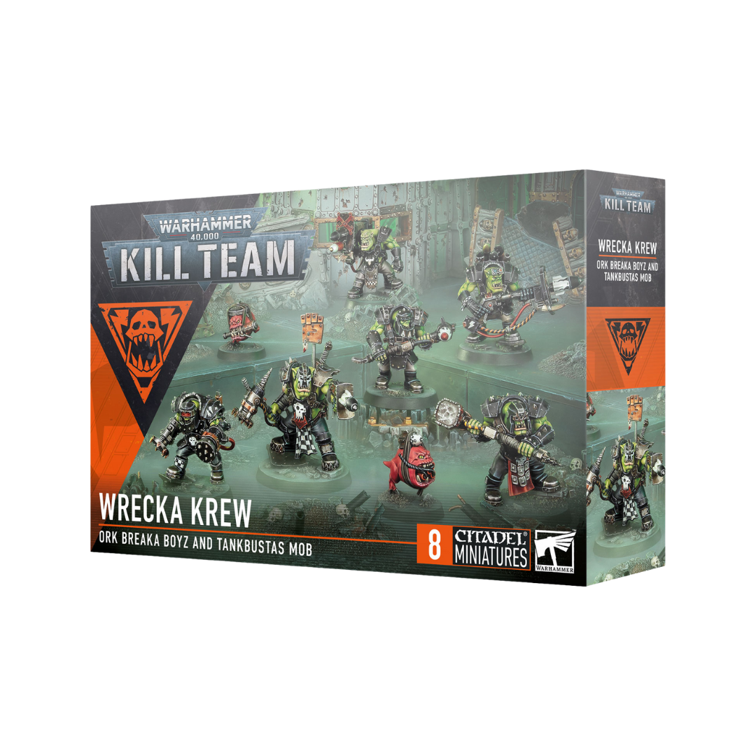 Warhammer 40K Kill Team: Wrecka Krew expansion featuring savage Ork warriors, brutal melee combat, and reckless destruction for intense tabletop battles.