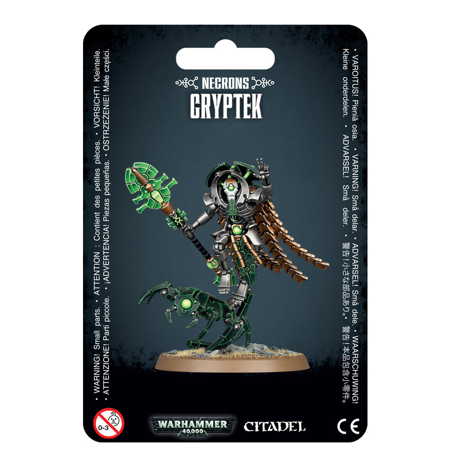 Necron Cryptek with staff of light and Canoptek cloak, featuring intricate Necron detailing and dynamic pose, with a 50mm round base.