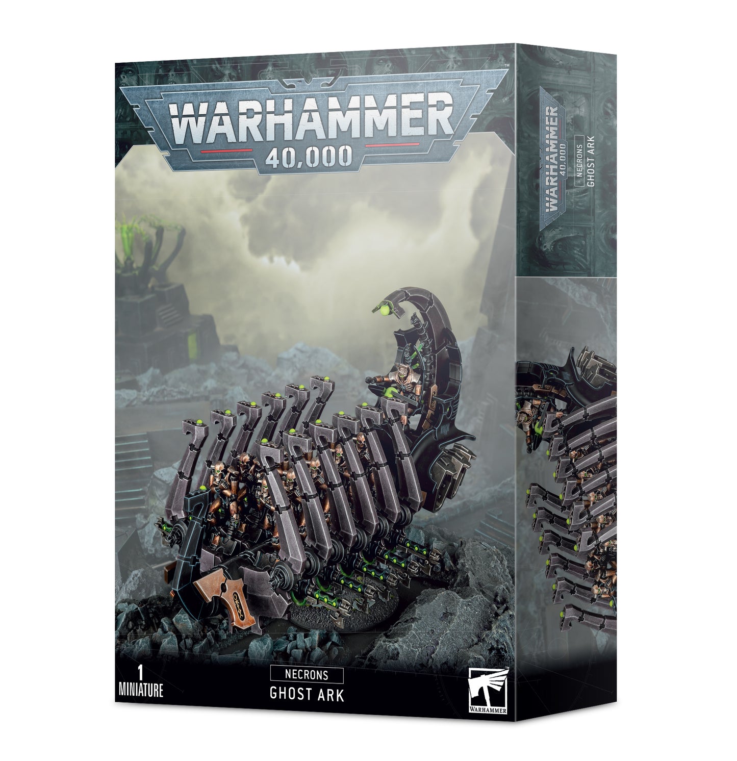 Necron Ghost Ark model with Necron Lord, warriors inside a skeletal frame, and gauss flayers, perfect for enhancing your Necron army.