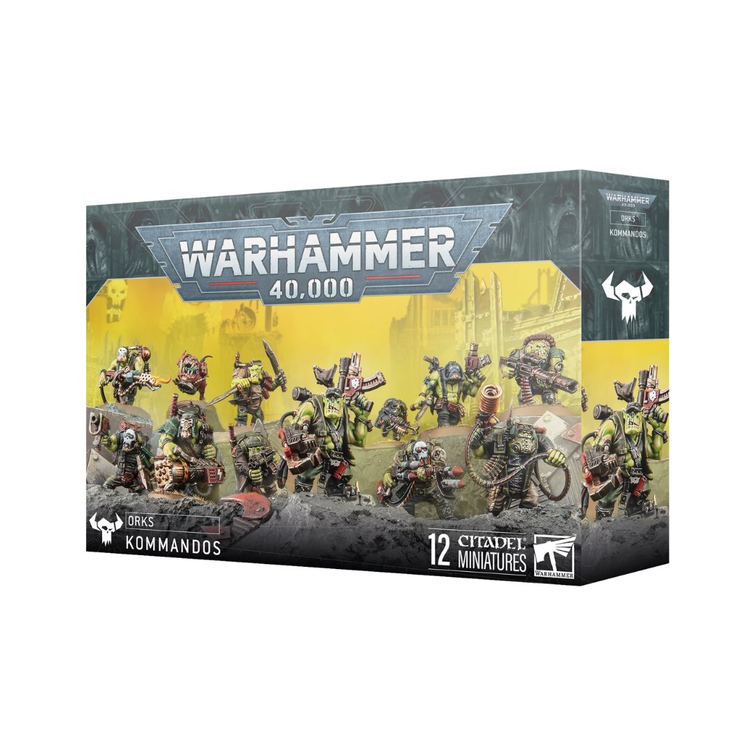 Warhammer 40,000 Orks Kommandos box art featuring 12 stealth assault miniatures