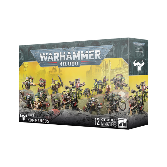 Warhammer 40,000 Orks Kommandos box art featuring 12 stealth assault miniatures