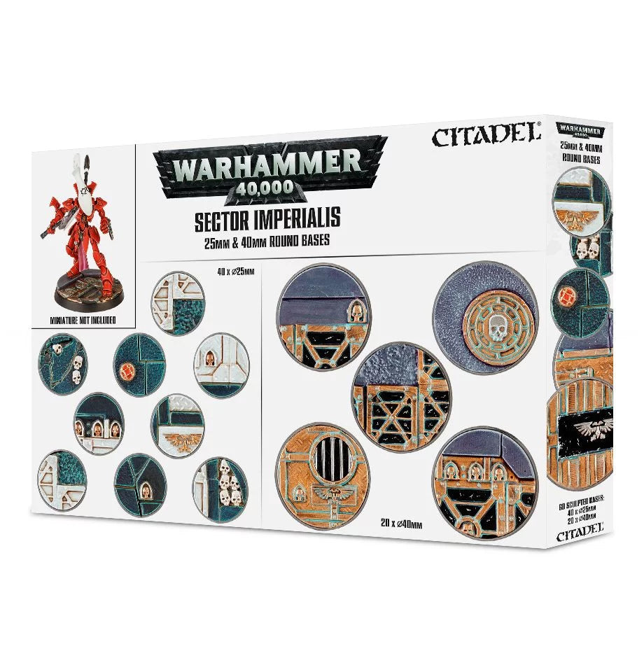 Detailed plastic bases for Warhammer 40K infantry, including 25mm and 40mm round bases with skull decorations, designed to match Sector Imperialis.
