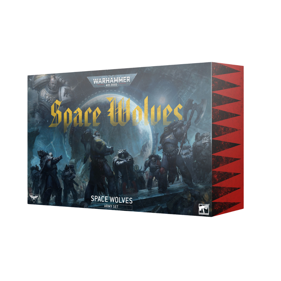 Warhammer 40K Space Wolves Army Set, boxed collection with Primaris units, codex supplement, and accessories for launching a Space Wolves force.