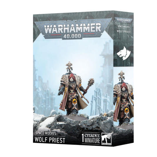 Warhammer 40k Space Wolves Wolf Priest plastic kit with bolt pistol and wolf‑skull helm options