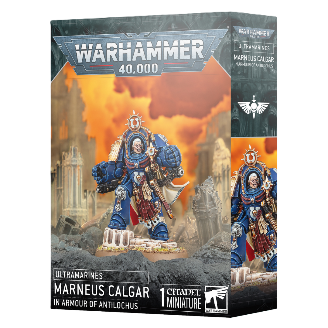 Warhammer 40k Ultramarines Marneus Calgar in Armour of Antilochus character miniature box
