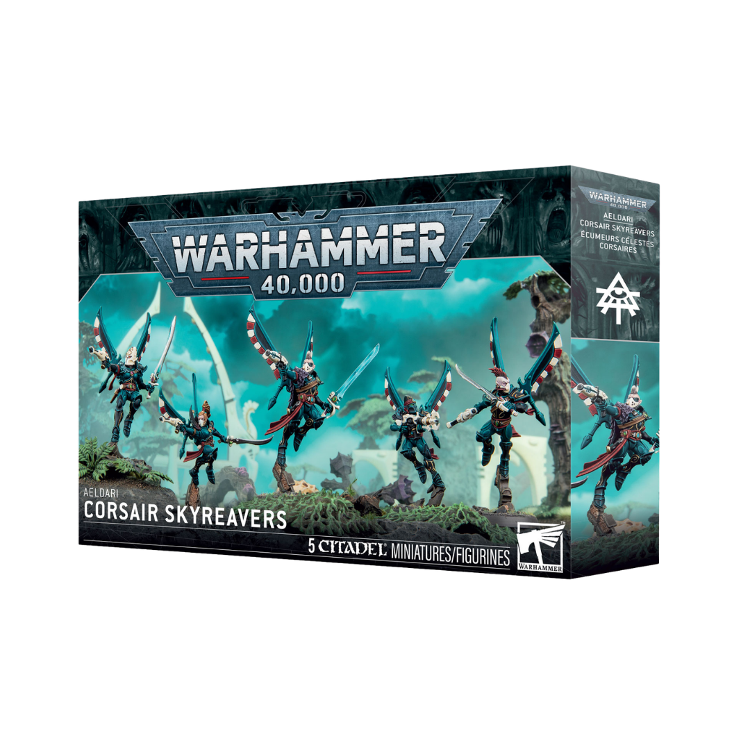 Warhammer 40,000 Aeldari Corsair Skyreavers Citadel miniature squad box featuring winged jump pack Corsair assault models