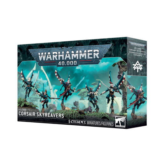 Warhammer 40,000 Aeldari Corsair Skyreavers Citadel miniature squad box featuring winged jump pack Corsair assault models