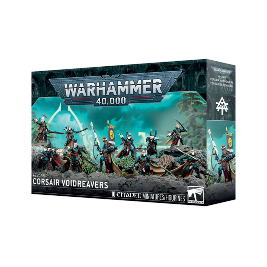 Warhammer 40,000 Aeldari Corsair Voidreavers Citadel miniature squad box showing customizable pirate themed Aeldari models