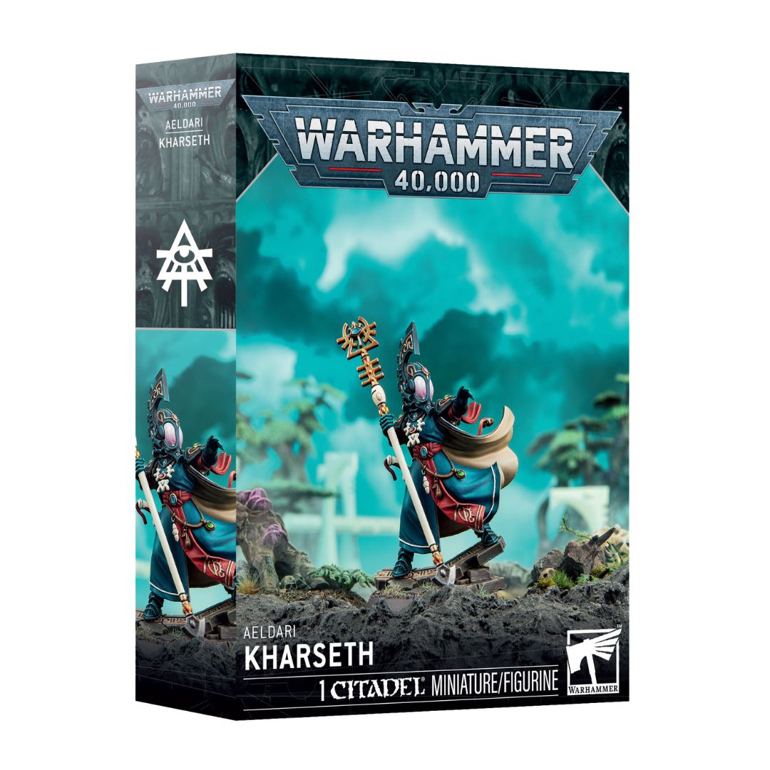 Warhammer 40,000 Aeldari Kharseth Citadel character miniature box featuring Void Dreamer psyker with ornate waystave weapon