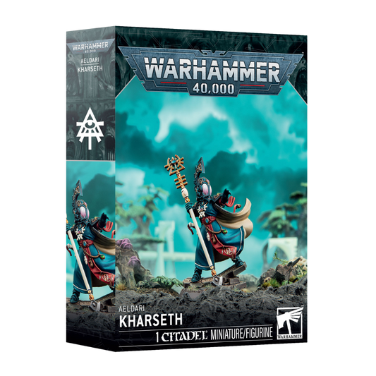 Warhammer 40,000 Aeldari Kharseth Citadel character miniature box featuring Void Dreamer psyker with ornate waystave weapon