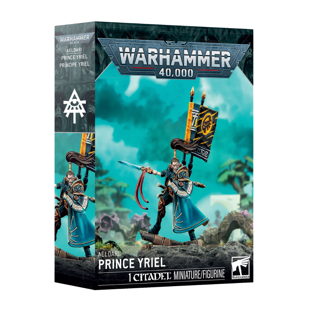 Warhammer 40,000 Aeldari Prince Yriel Citadel miniature box featuring Eldritch Raiders pirate lord with Spear of Twilight