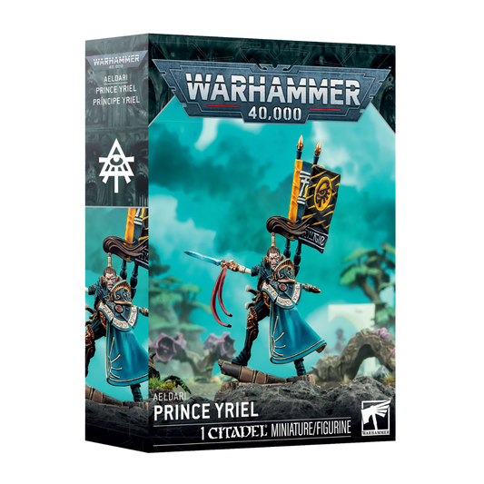 Warhammer 40,000 Aeldari Prince Yriel Citadel miniature box featuring Eldritch Raiders pirate lord with Spear of Twilight