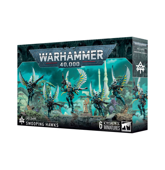 Warhammer 40k Aeldari Swooping Hawks miniatures with dynamic poses, hawk-winged armor, and weapons for fast, hit-and-run combat.