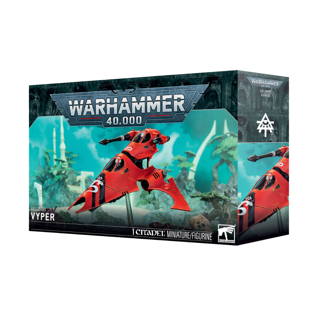 Warhammer 40,000 Aeldari Vyper Citadel skimmer miniature box featuring fast attack vehicle with heavy weapon turret