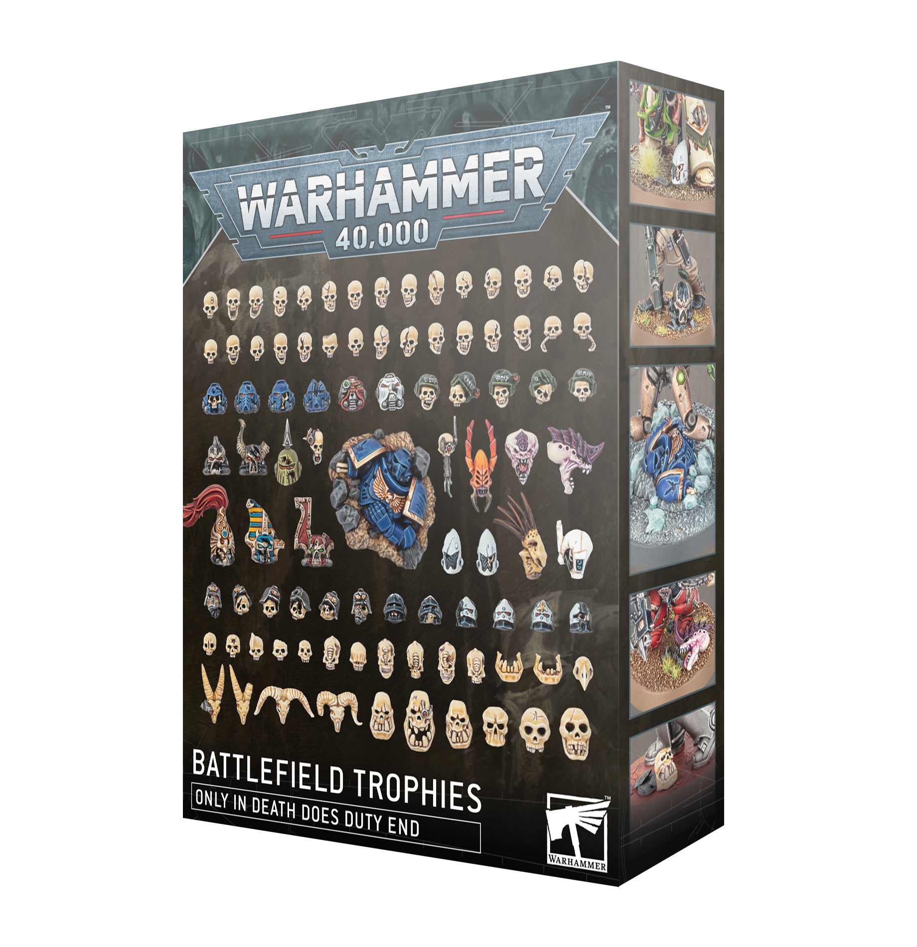 Warhammer 40k Battlefield Skulls & Trophies set featuring skulls, bones, and trophy pieces for miniature bases, terrain, and diorama customization.