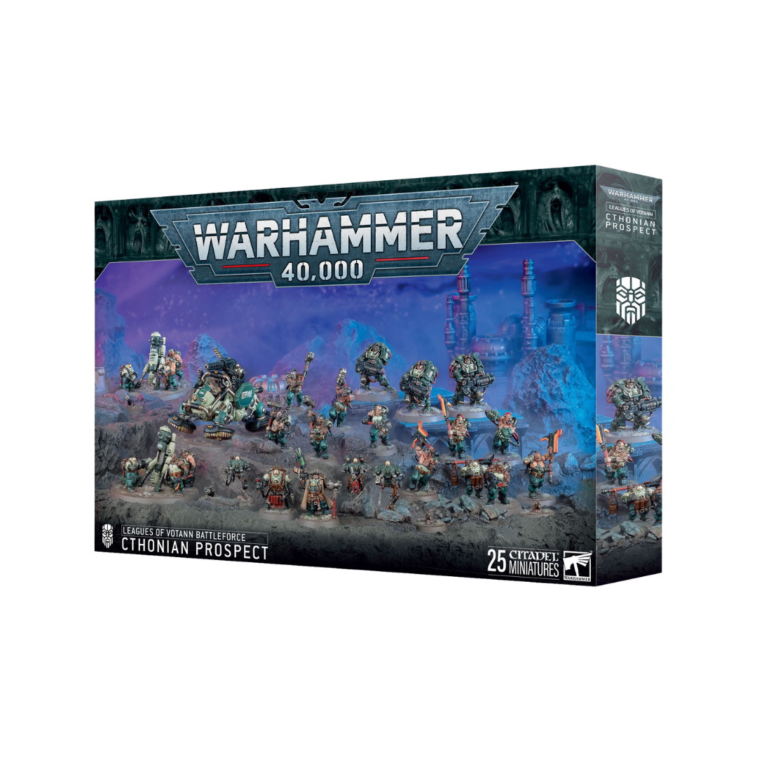 Box art for the Warhammer 40k Leagues of Votann Cthonian Prospect Battleforce with full army display