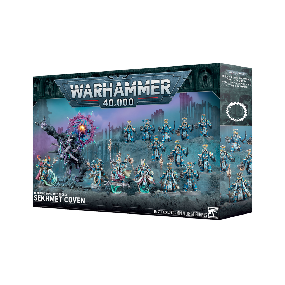 Warhammer 40k Thousand Sons Sekhmet Coven Battleforce box showing Infernal Master, Exalted Sorcerers, Scarab Occult Terminators, and Mutalith Vortex Beast