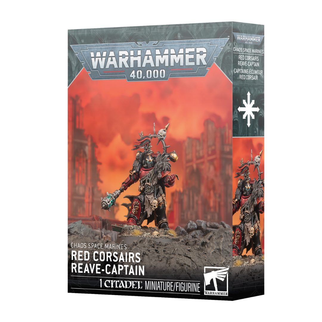 Warhammer 40,000 Chaos Space Marines Red Corsairs Reave Captain Citadel miniature box featuring customizable Chaos leader model