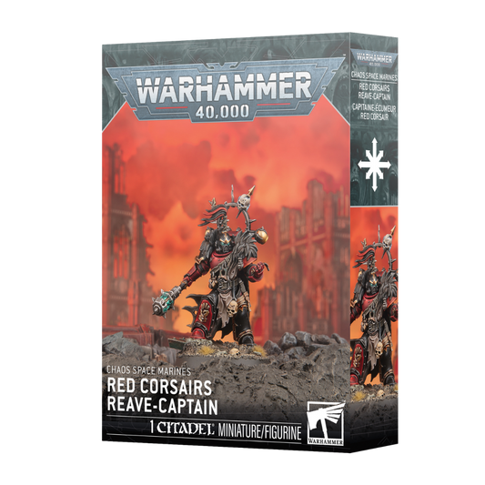 Warhammer 40,000 Chaos Space Marines Red Corsairs Reave Captain Citadel miniature box featuring customizable Chaos leader model