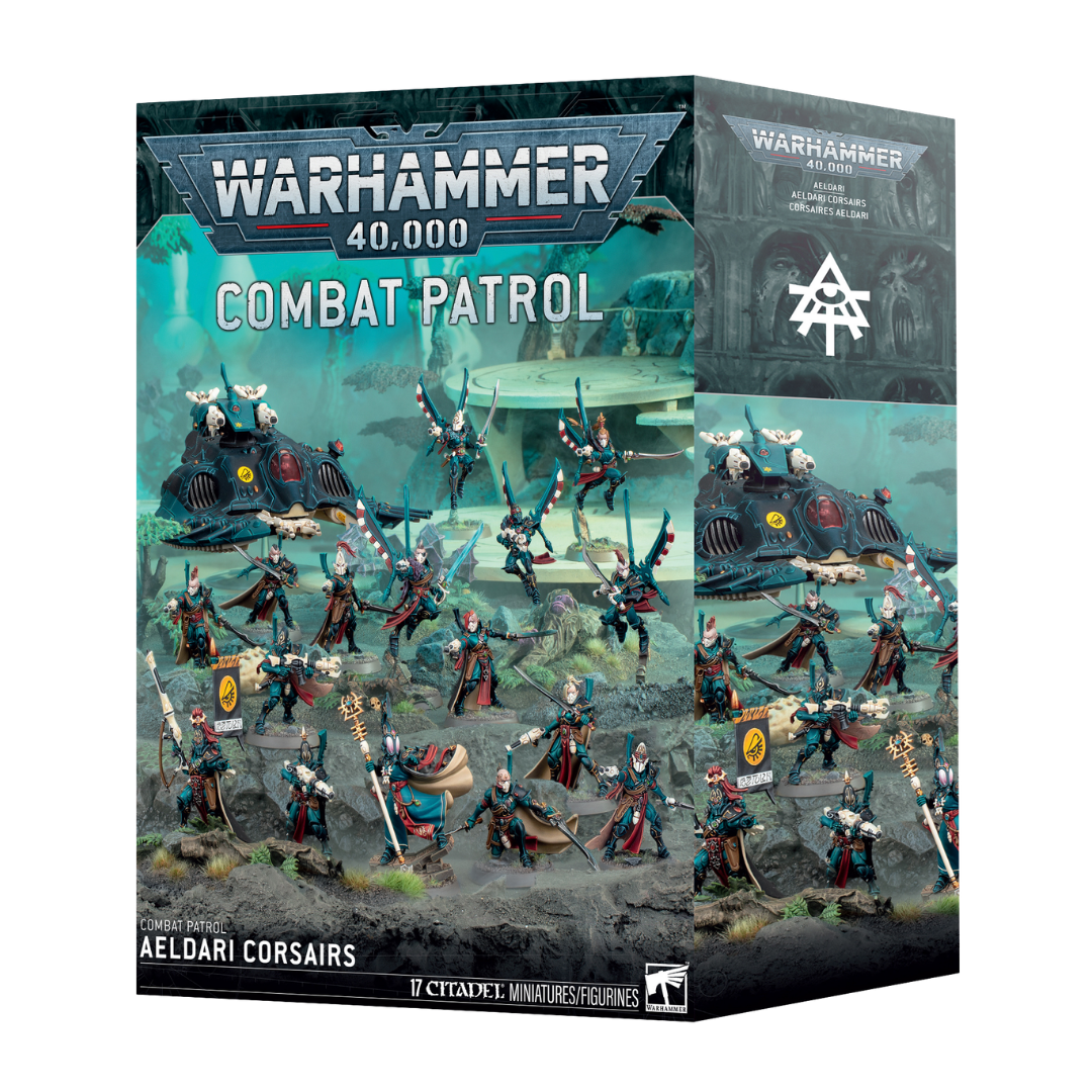 Warhammer 40k Combat Patrol Aeldari Corsairs box set with Kharseth, Voidreavers, Skyreavers, and Aeldari grav tank miniatures