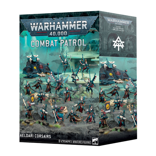 Warhammer 40k Combat Patrol Aeldari Corsairs box set with Kharseth, Voidreavers, Skyreavers, and Aeldari grav tank miniatures