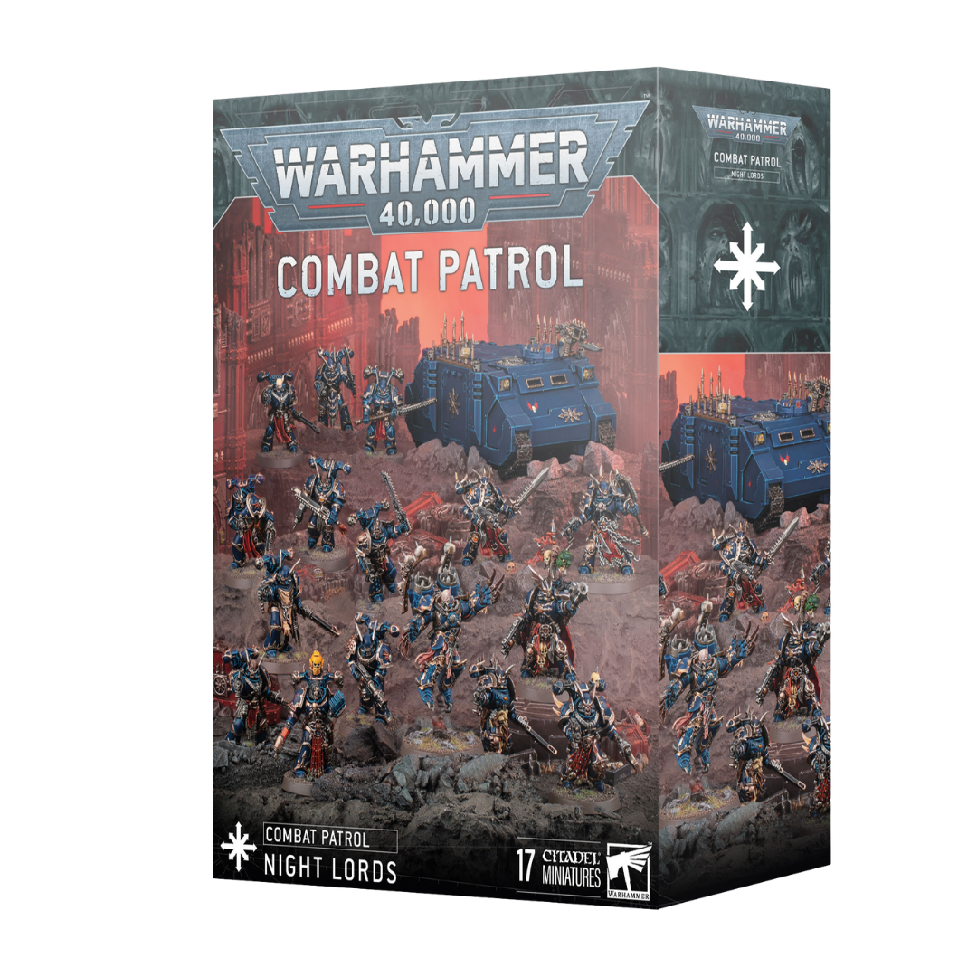 Warhammer 40k Combat Patrol Night Lords box set with Chaos Rhino, Chosen squad, Nemesis Claw, and Chaos Lord miniatures