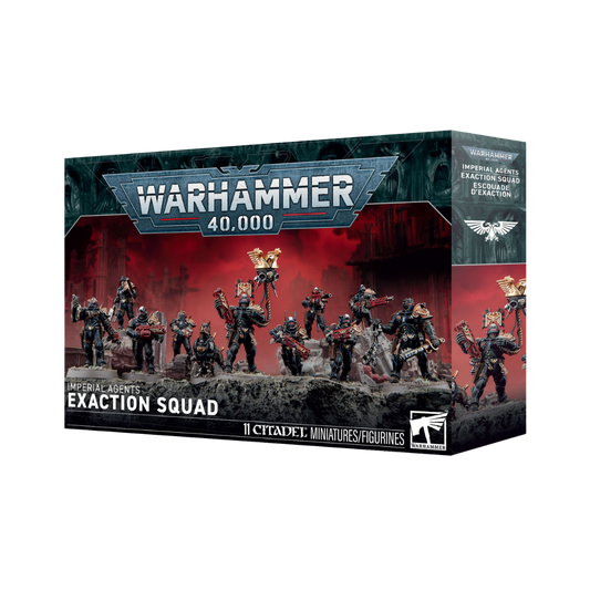 Warhammer 40k Imperial Agents Exaction Squad box with 10 Adeptus Arbites and Cyber-mastiff miniatures.
