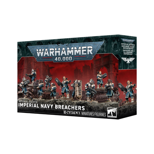 Warhammer 40,000 Imperial Navy Breachers miniature figures box set, featuring 10 citadel miniatures on a dark illustrated box with red and black artwork.